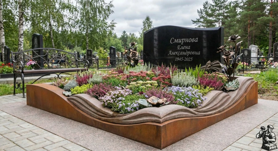 modern-russian-grave-ornamental-flowerbed-granite-monument